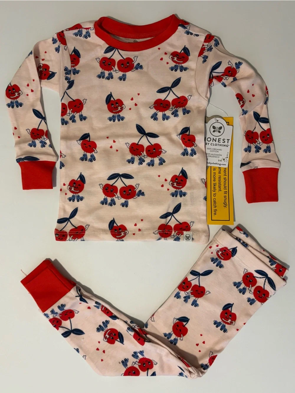 The Honest Company Baby Pink Cherry Print Pajama Set with Red Trim 18months NWT